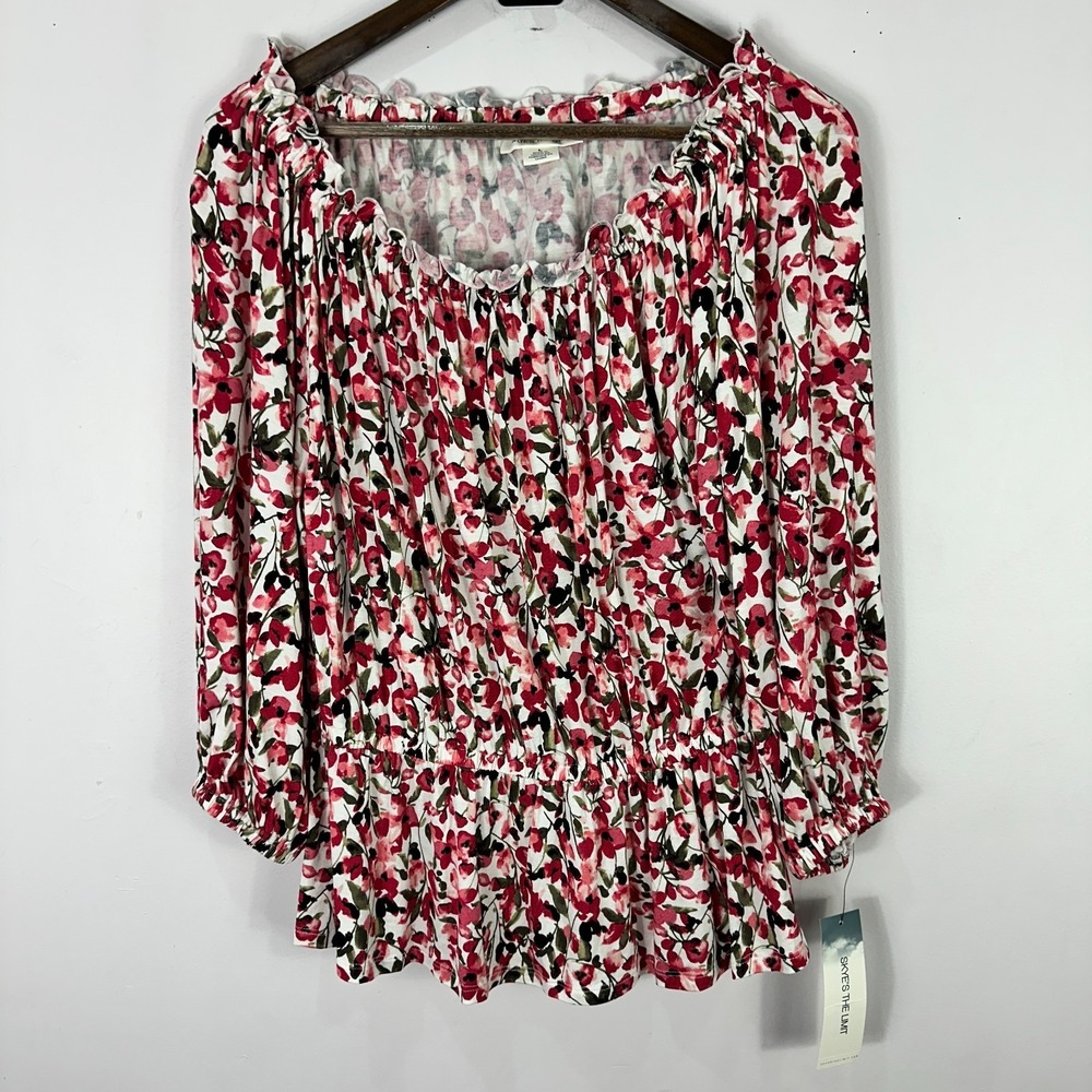 Skyes The Limit Red Floral Off The Shoulder Top Women Large Romantic Cottage NWT